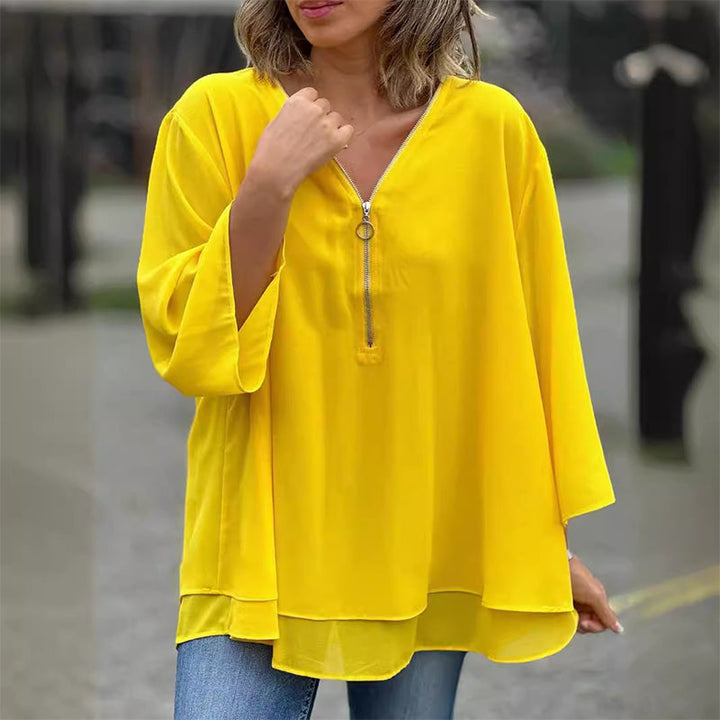 Chiffon | Oberteil mit Reißverschluss V-Ausschnitt