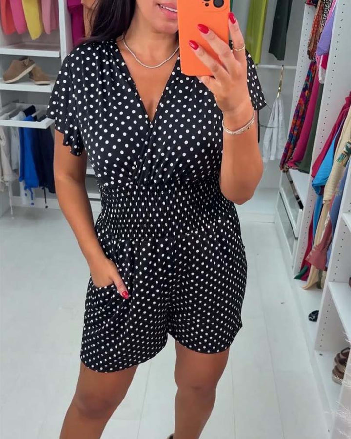 Olivia | Jumpsuit mit Ärmeln Polka Dot Druck und V-Ausschnitt