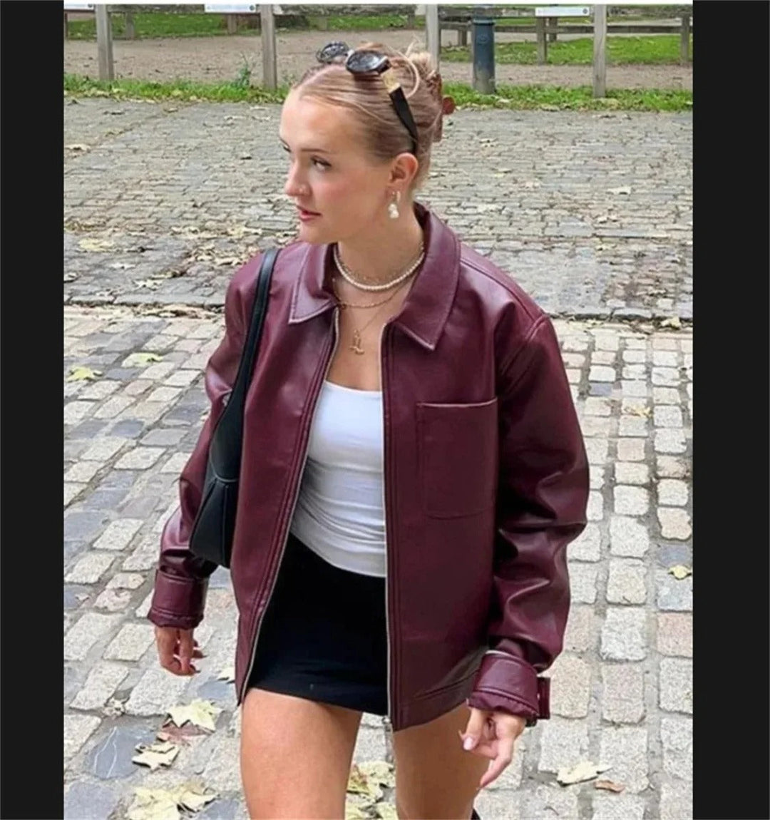 Sophia | Luxuriöse rote Lederjacke für den Herbst