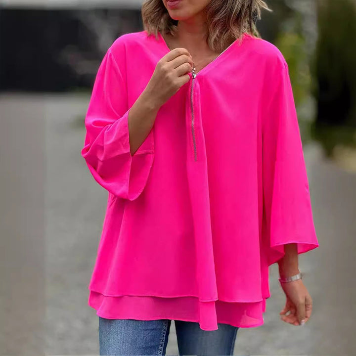Chiffon | Oberteil mit Reißverschluss V-Ausschnitt