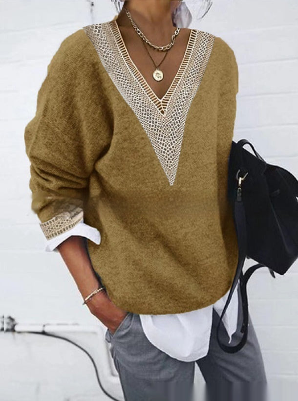 Vihces | Pullover mit Spitzenkragen und V-Ausschnitt für Frauen