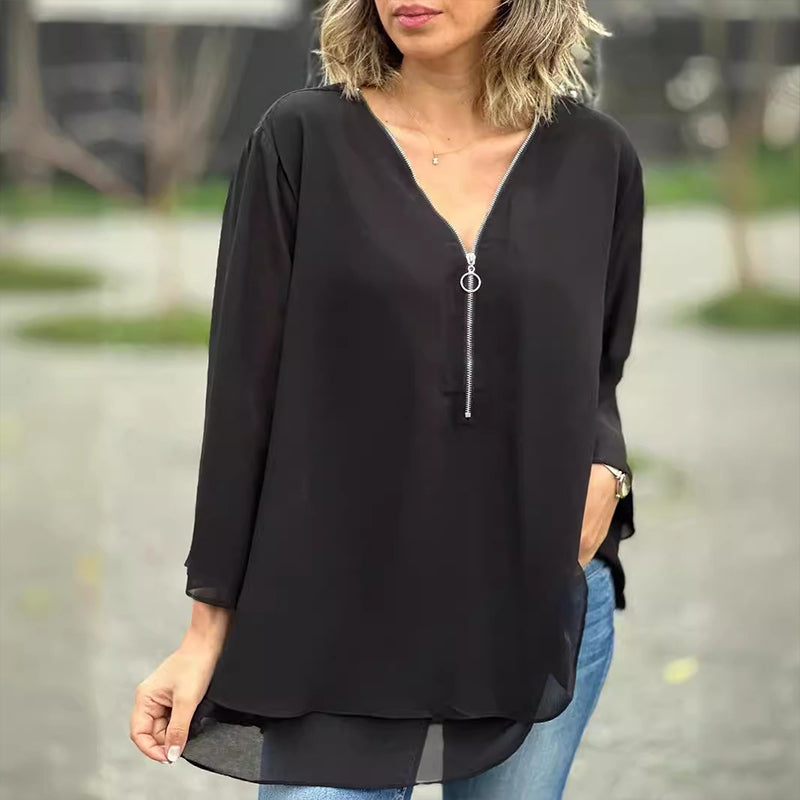 Chiffon | Oberteil mit Reißverschluss V-Ausschnitt