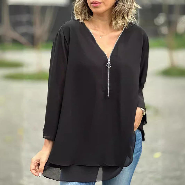 Chiffon | Oberteil mit Reißverschluss V-Ausschnitt