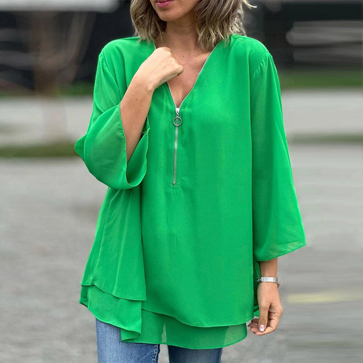Chiffon | Oberteil mit Reißverschluss V-Ausschnitt