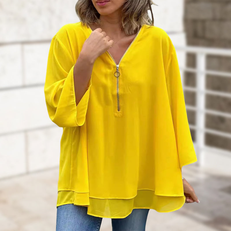 Chiffon | Oberteil mit Reißverschluss V-Ausschnitt