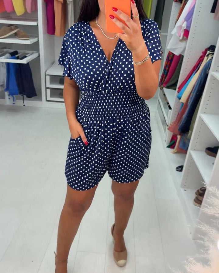 Olivia | Jumpsuit mit Ärmeln Polka Dot Druck und V-Ausschnitt