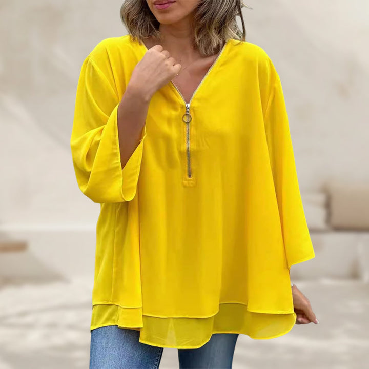 Chiffon | Oberteil mit Reißverschluss V-Ausschnitt