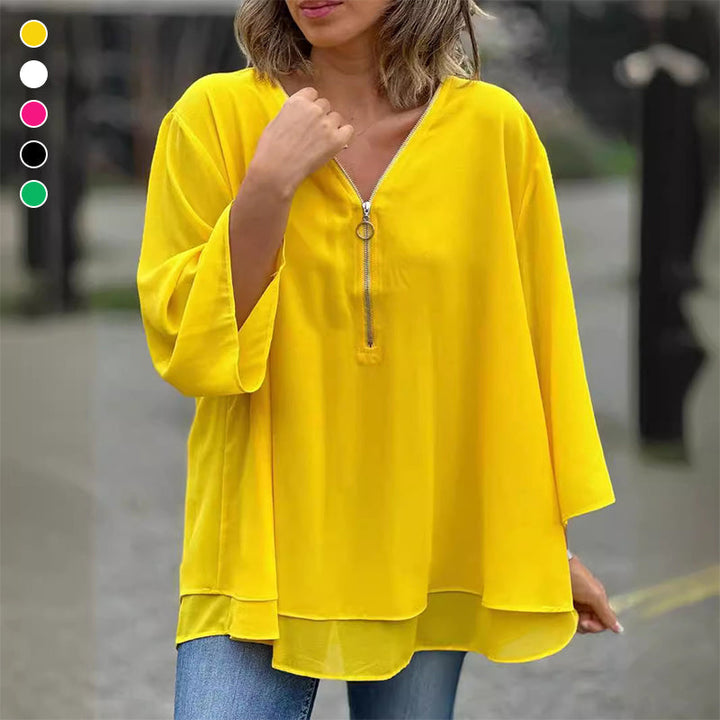 Chiffon | Oberteil mit Reißverschluss V-Ausschnitt