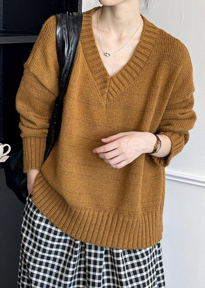 Neuer brauner, ausgehöhlter, kuscheliger langärmeliger Strickpullover aus Baumwolle