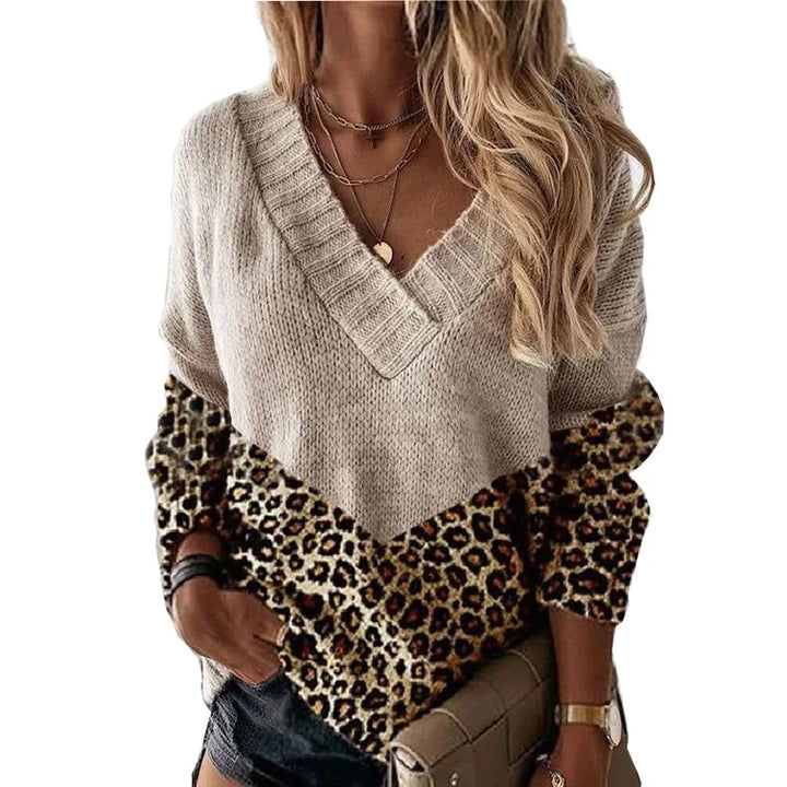 Le Clair | Leopard Pullover mit V-Ausschnitt und Farbblöcken