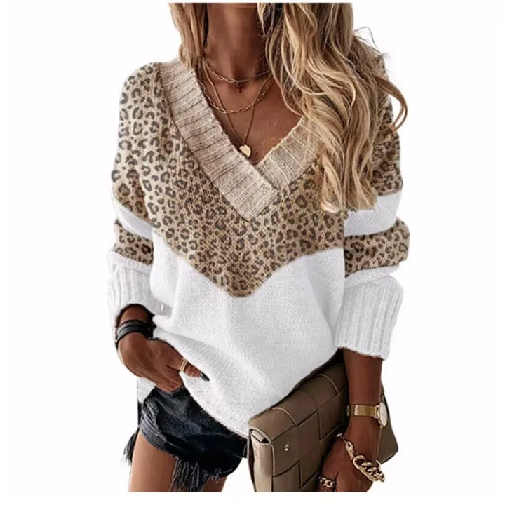 Le Clair | Leopard Pullover mit V-Ausschnitt und Farbblöcken