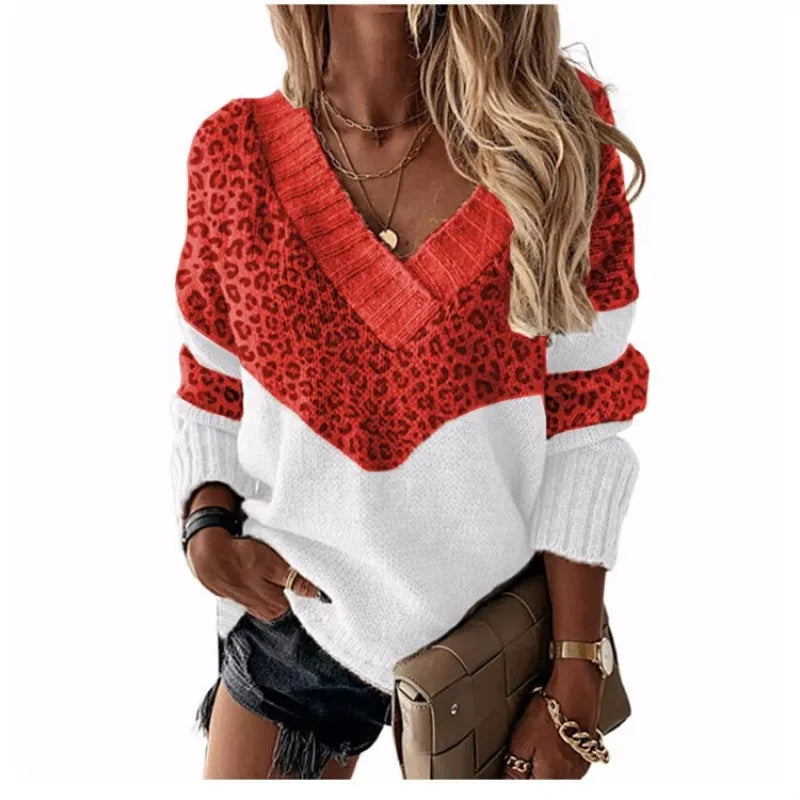 Le Clair | Leopard Pullover mit V-Ausschnitt und Farbblöcken
