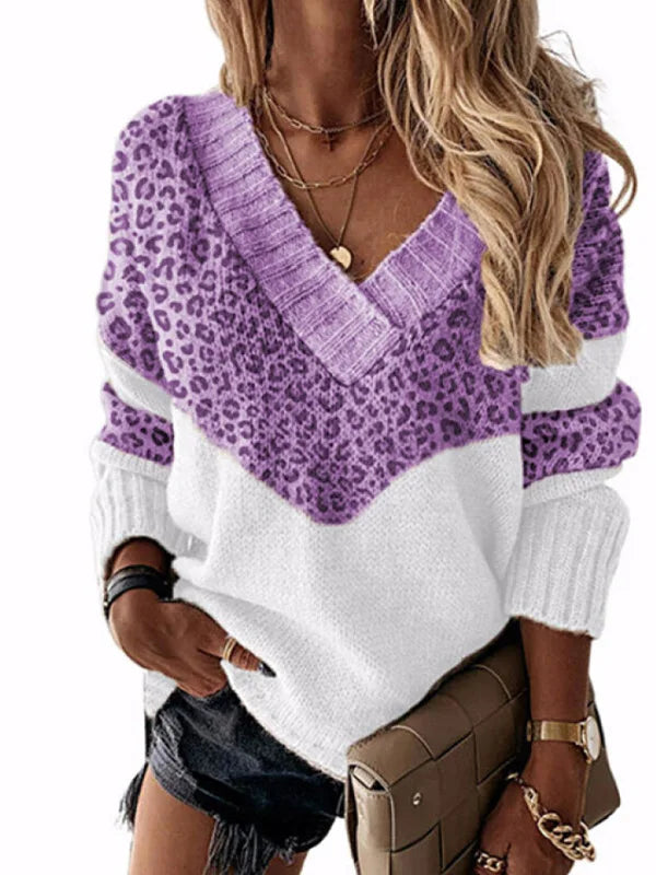 Le Clair | Leopard Pullover mit V-Ausschnitt und Farbblöcken