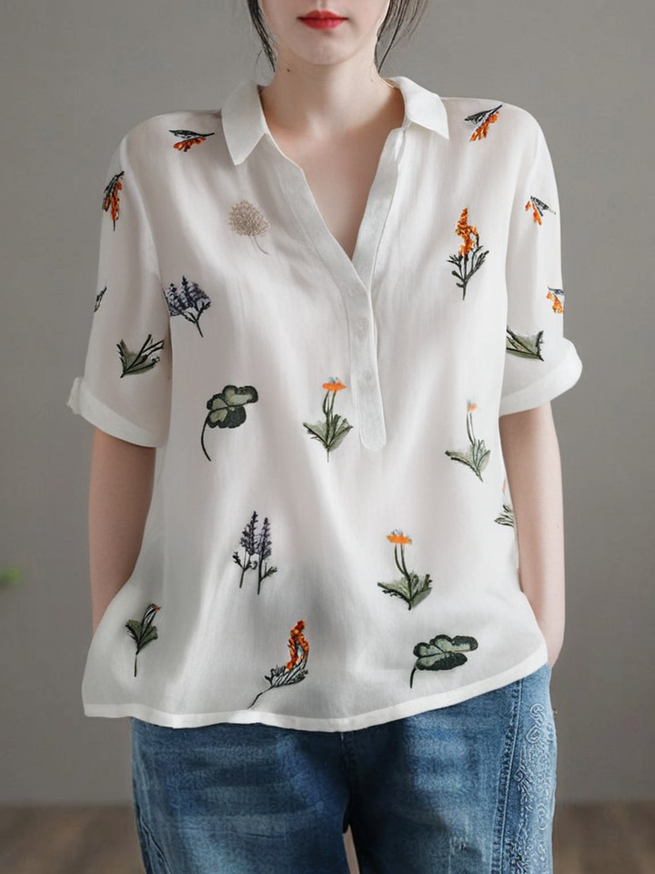 Grace Weiß Peter Pan Kragen Druck Patchwork Leinen Shirt Top Sommer