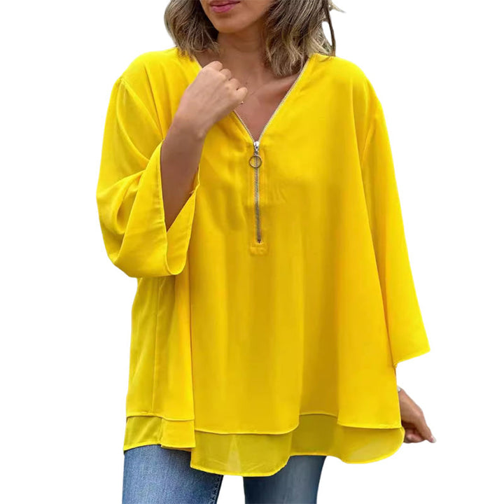 Chiffon | Oberteil mit Reißverschluss V-Ausschnitt