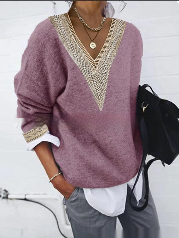 Vihces | Pullover mit Spitzenkragen und V-Ausschnitt für Frauen