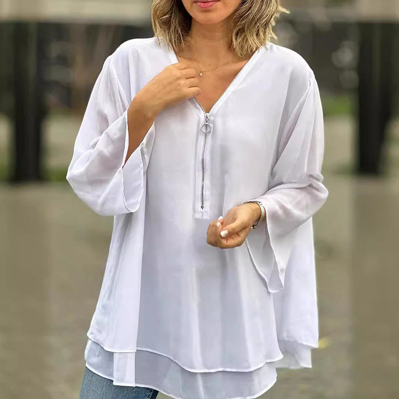 Chiffon | Oberteil mit Reißverschluss V-Ausschnitt